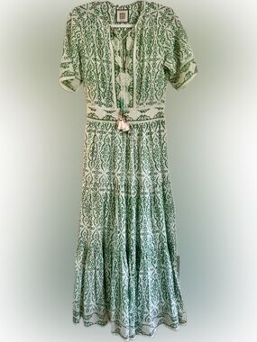 Bell Green & White Printed Maxi Dress with Tassel Tie NWOT